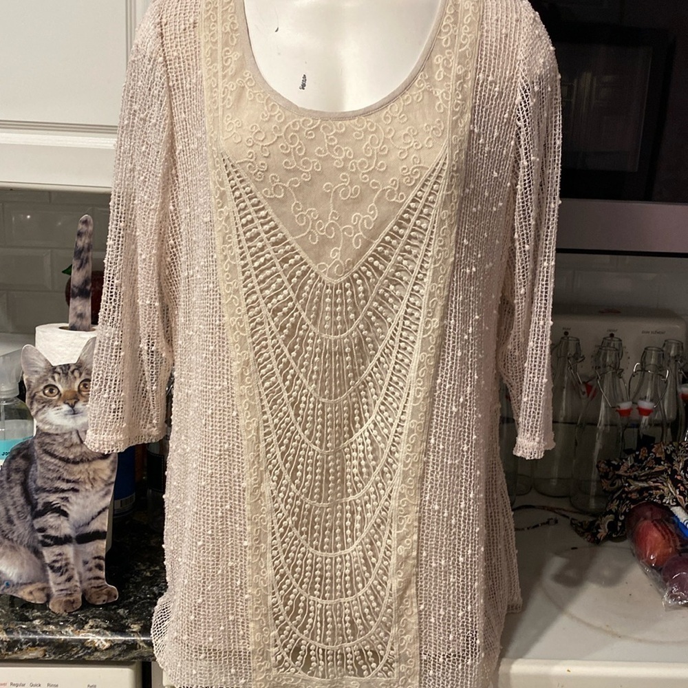 B  Krazy Kat casual solid beige three-quarter sleeve lined regular size top XL